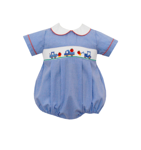 Boy Bubble Blue Check Tractor & Apples - Born Childrens Boutique