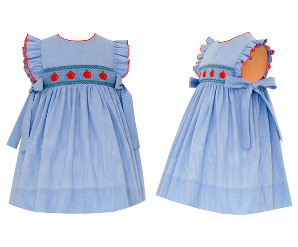 SS Dress Blue Check Apples - Born Childrens Boutique