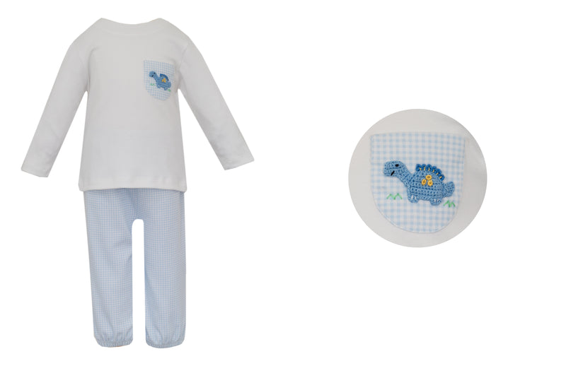 Dinosaur Boy Pant Set Blue Gingham