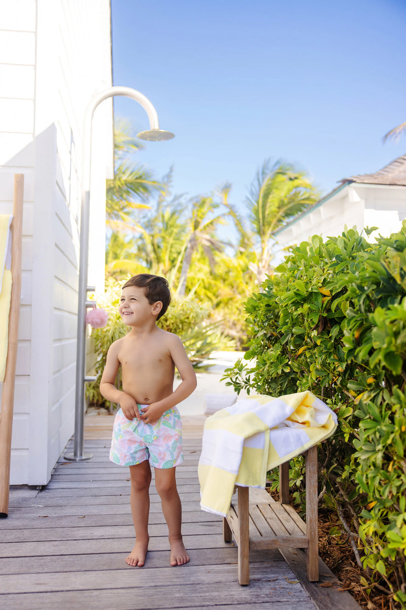 Tortola Swim Trunks - Happy in Harbour Island with Buckhead Blue Stork