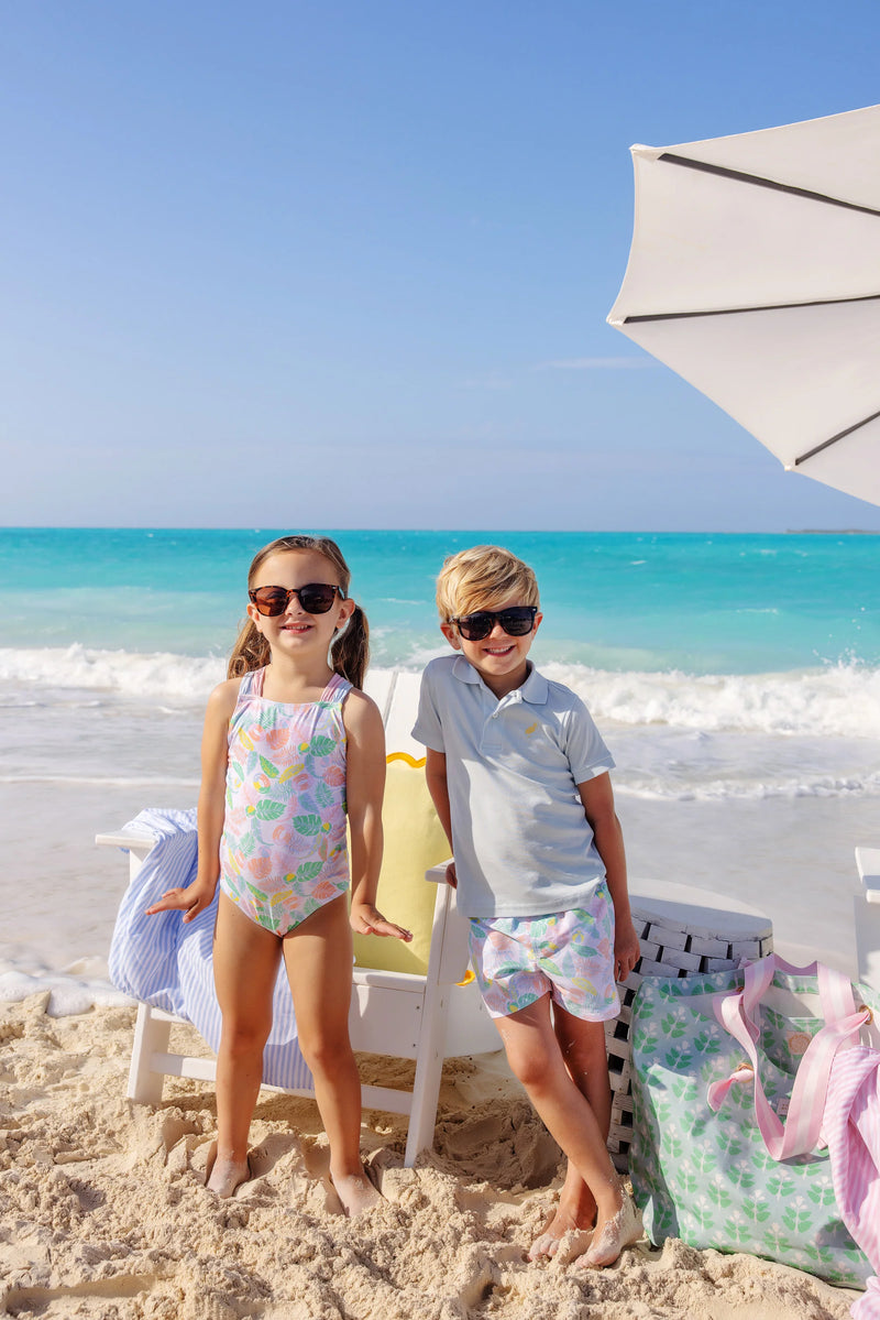 Tortola Swim Trunks - Happy in Harbour Island with Buckhead Blue Stork