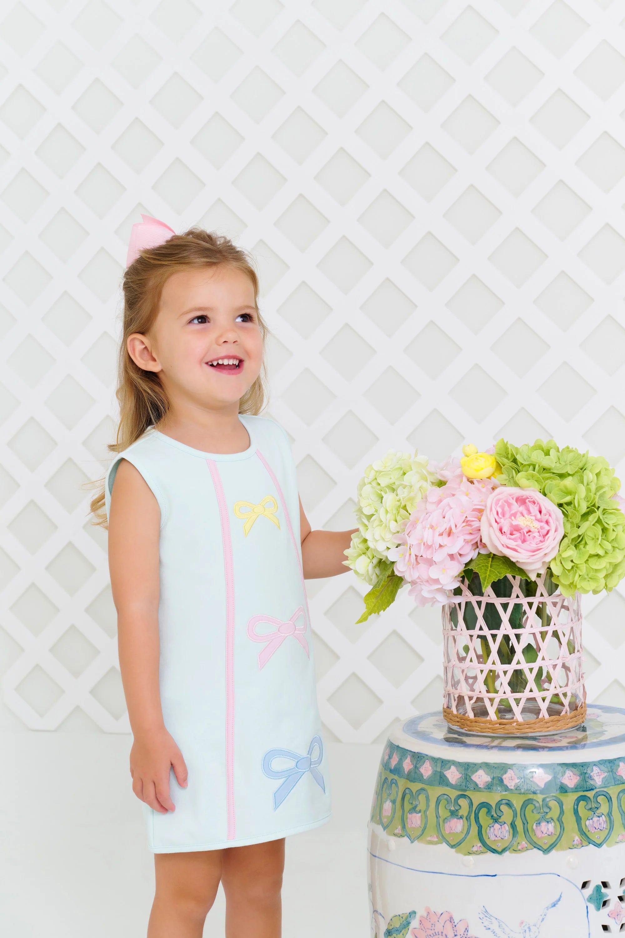 Annie Apron Dress Sea Island Seafoam with Palm Beach Pink & Bow Appliques - Born Childrens Boutique