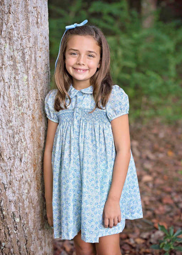 Pre-Order Ella Smocked Dress Blue/Green Floral