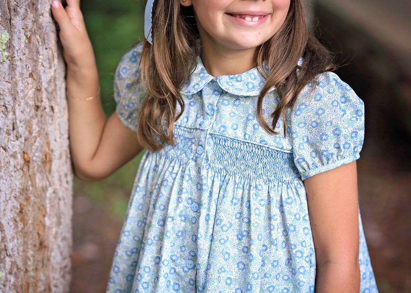 Pre-Order Ella Smocked Dress Blue/Green Floral