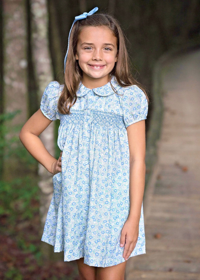 Pre-Order Ella Smocked Dress Blue/Green Floral