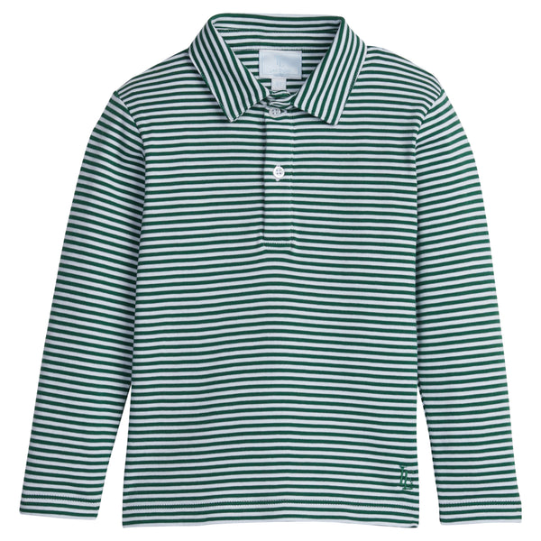 Long Sleeve Striped Polo - Hunter Green