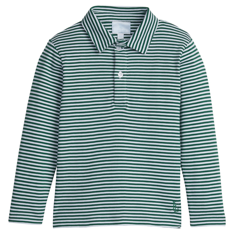 Long Sleeve Striped Polo - Hunter Green