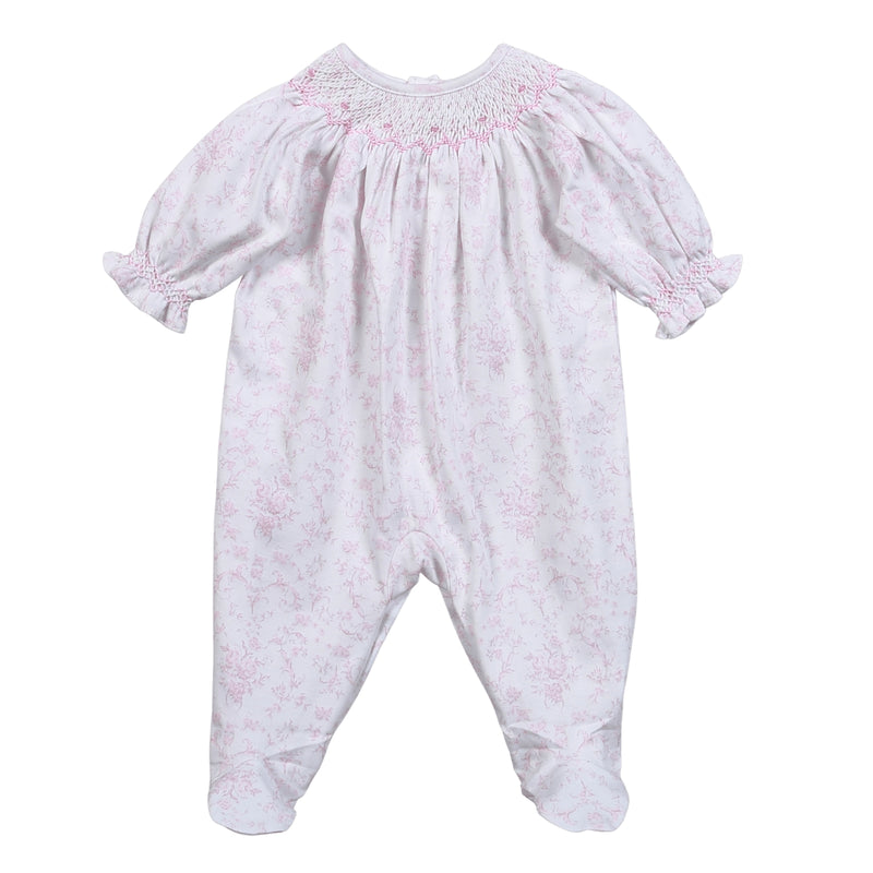 Penelope Pima Smocked Footie Pink Floral - Born Childrens Boutique