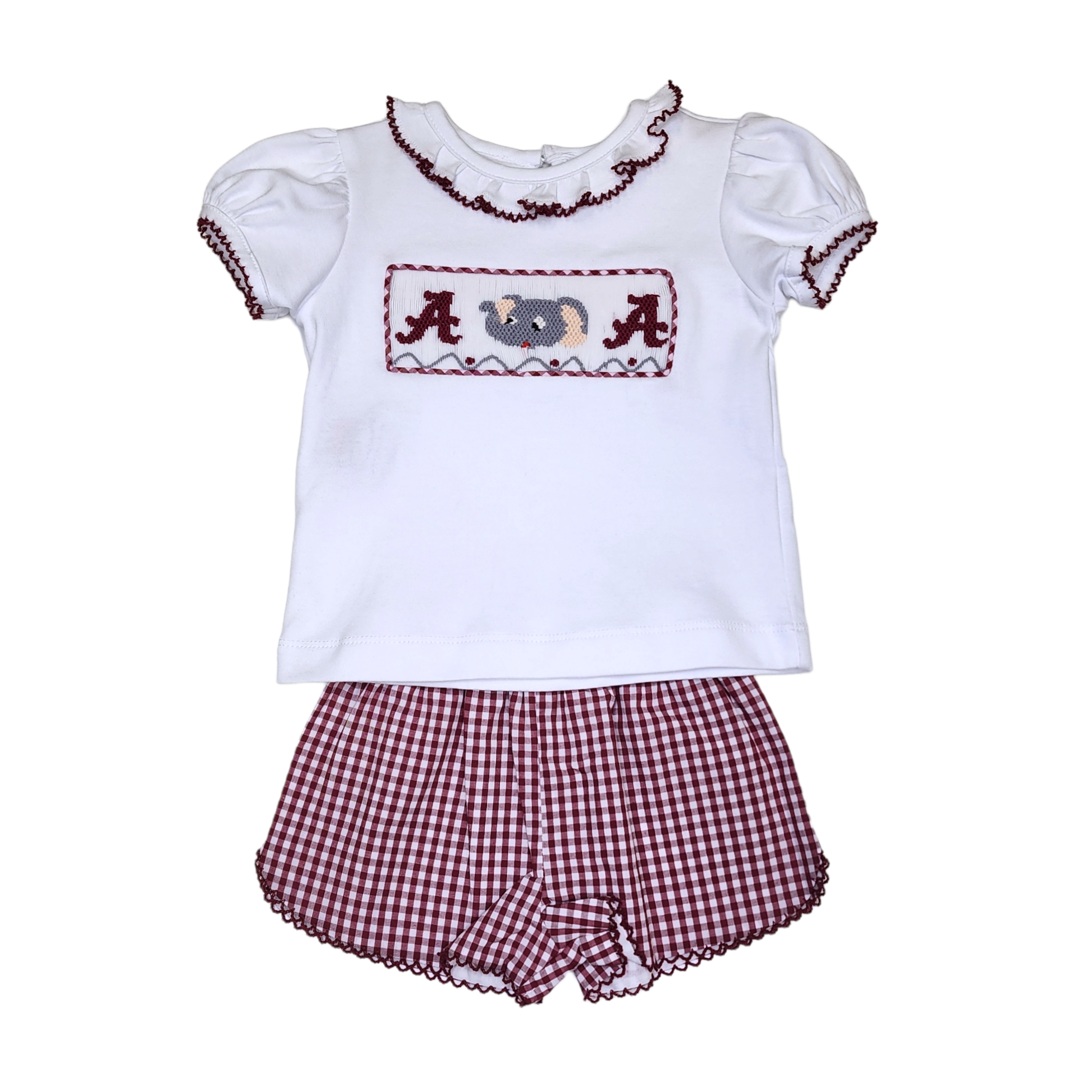 SS68BS Smocked Bloomer/Short Set - Crimson/Gray - Born Childrens Boutique