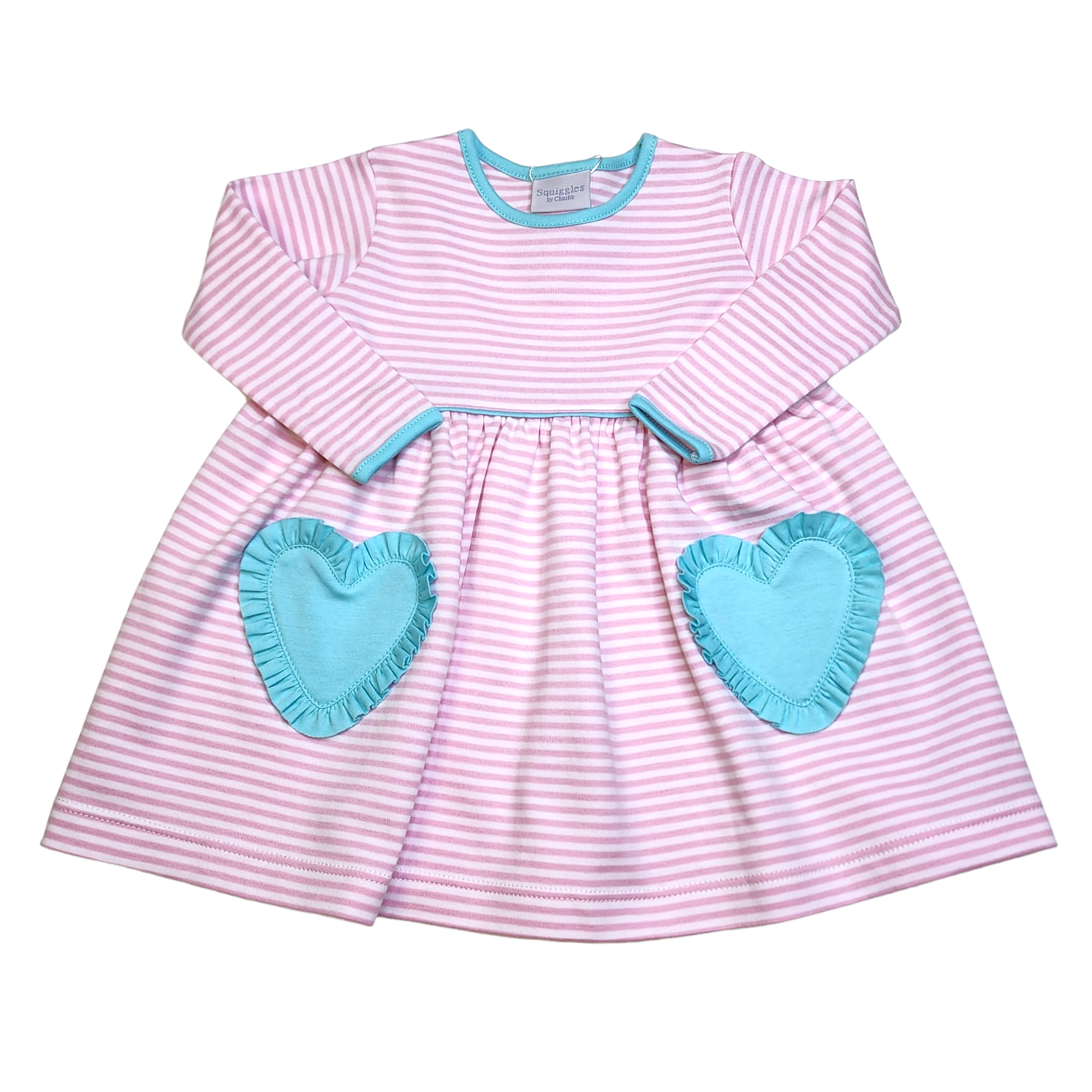 Lt Pink Stripe Aqua Heart Pocket Pop Dress - Born Childrens Boutique