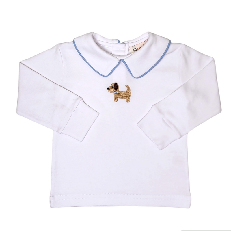 LS Crochet Puppy Blue Piped Shirt White