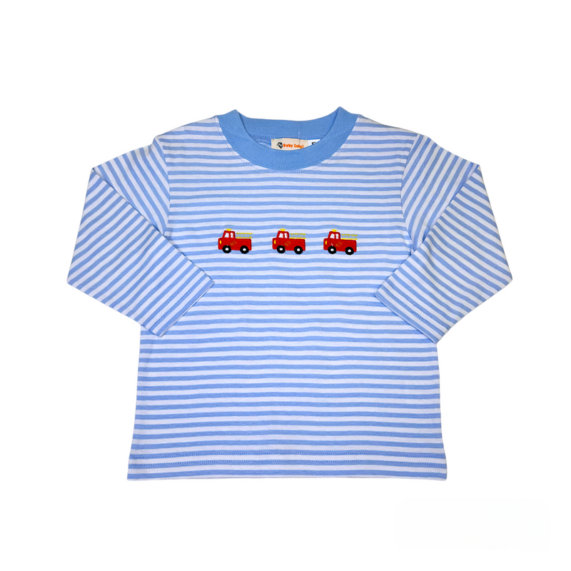 Three Fire Truck Sky Blue Stripe Shirt