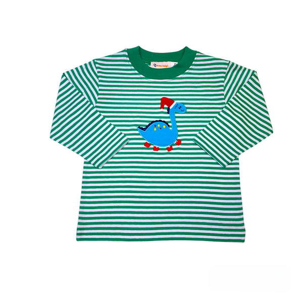 Christmas Dino Shirt Kelly Green Stripe