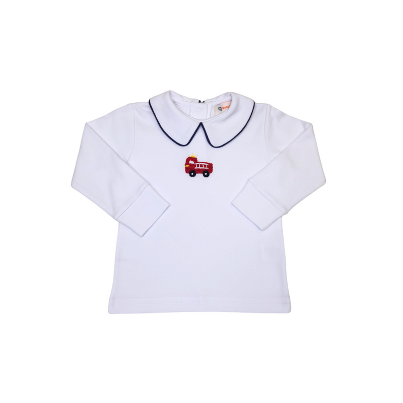 LS Crochet Fire Truck Royal Piped Shirt White