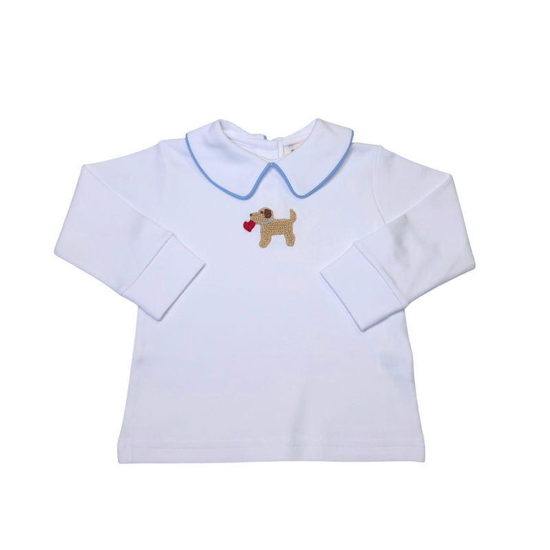 Boy LS Top Crochet Puppy Heart White/Sky Blue