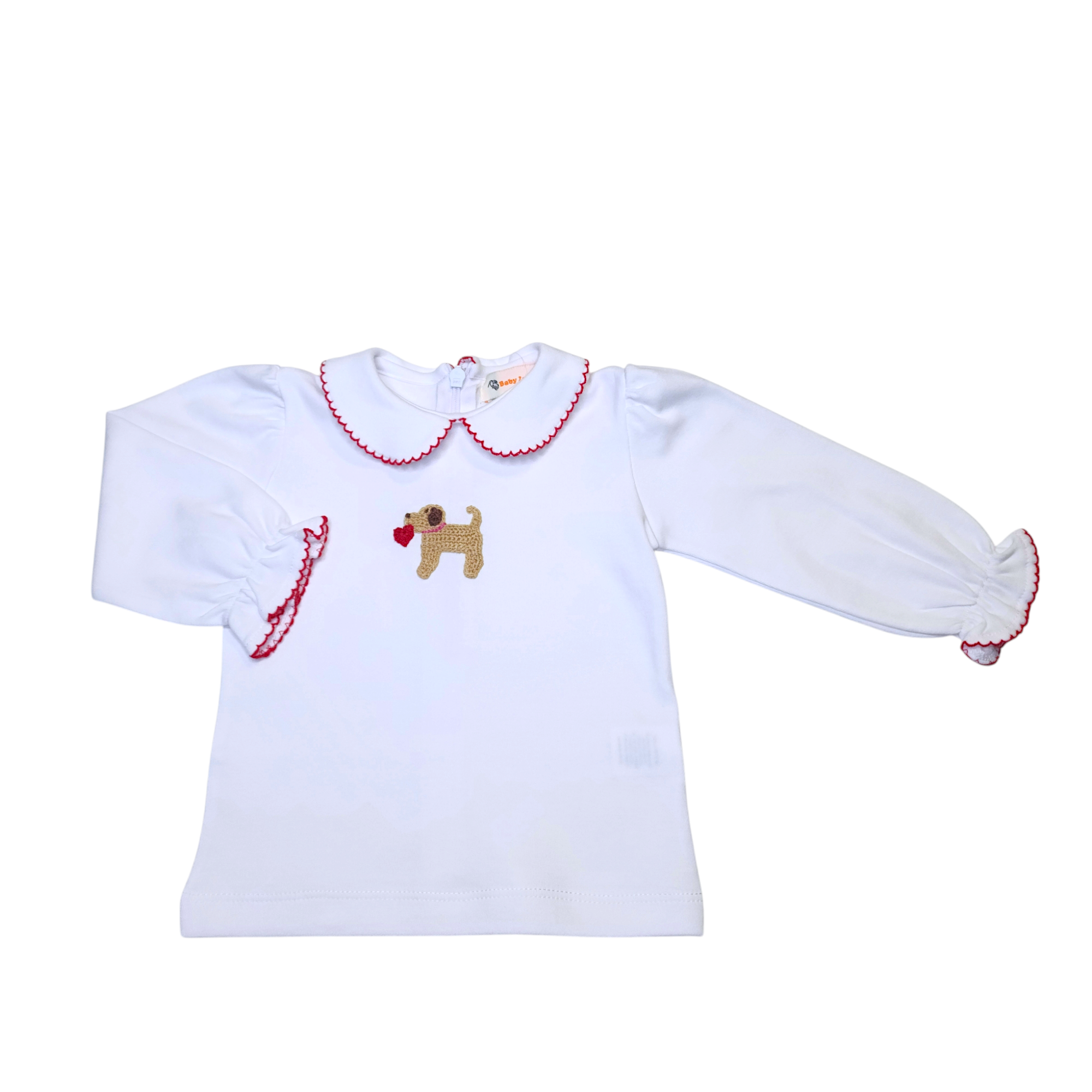 Girl LS Blouse Crochet Puppy Hearts White w/Red Trim - Born Childrens Boutique