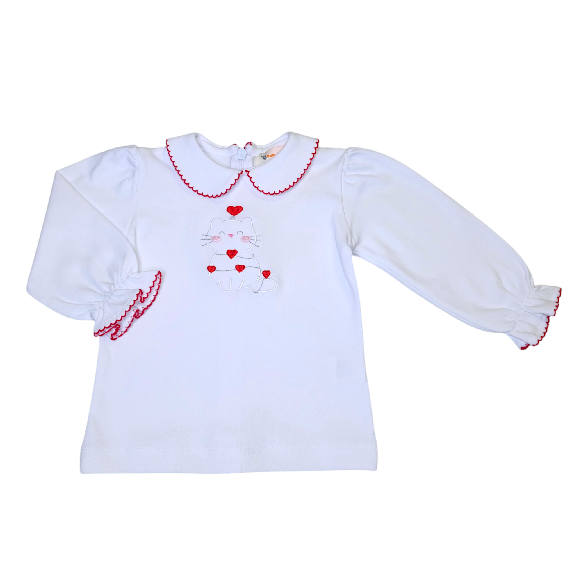 Girl LS Blouse Sitting Cat with Hearts White w/Red Trim - Born Childrens Boutique