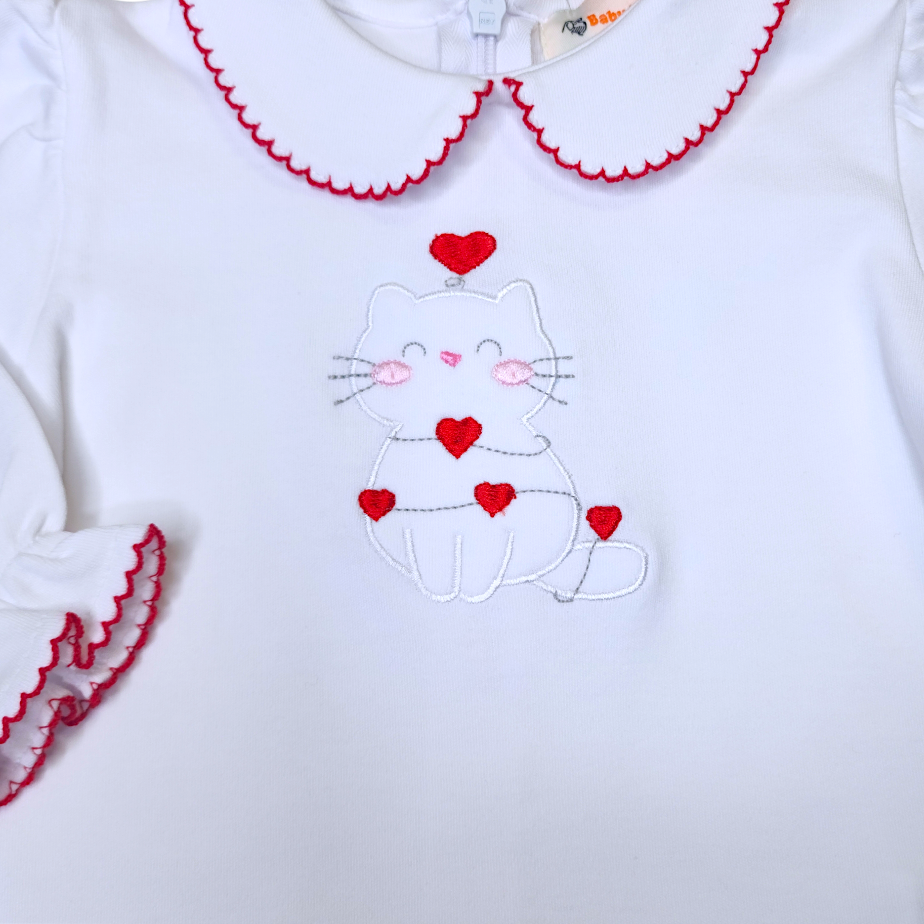 Girl LS Blouse Sitting Cat with Hearts White w/Red Trim - Born Childrens Boutique