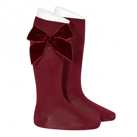 Knee Socks with Velvet Bow Burgandy - Born Childrens Boutique