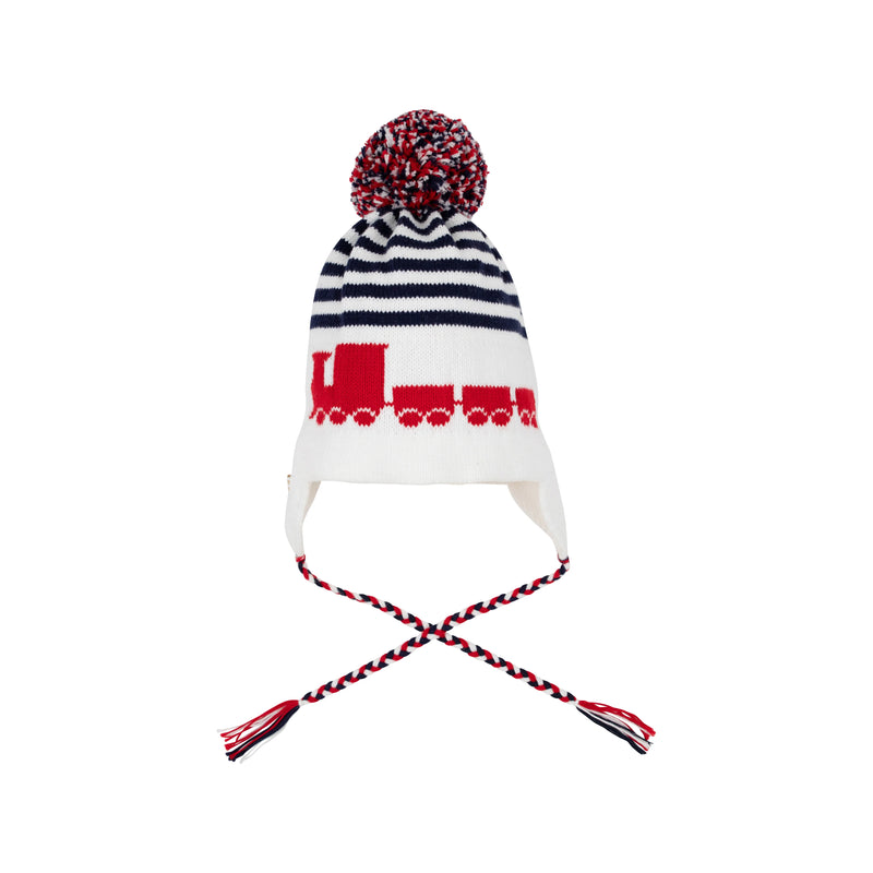 Parrish Pom Pom Hat Worth Avenue White With Nantucket Navy & Trains - Born Childrens Boutique