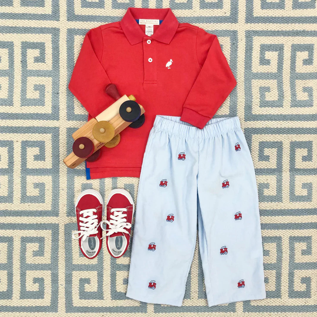 Long Sleeve Prim & Proper Polo Richmond Red With Worth Avenue White Stork - Born Childrens Boutique