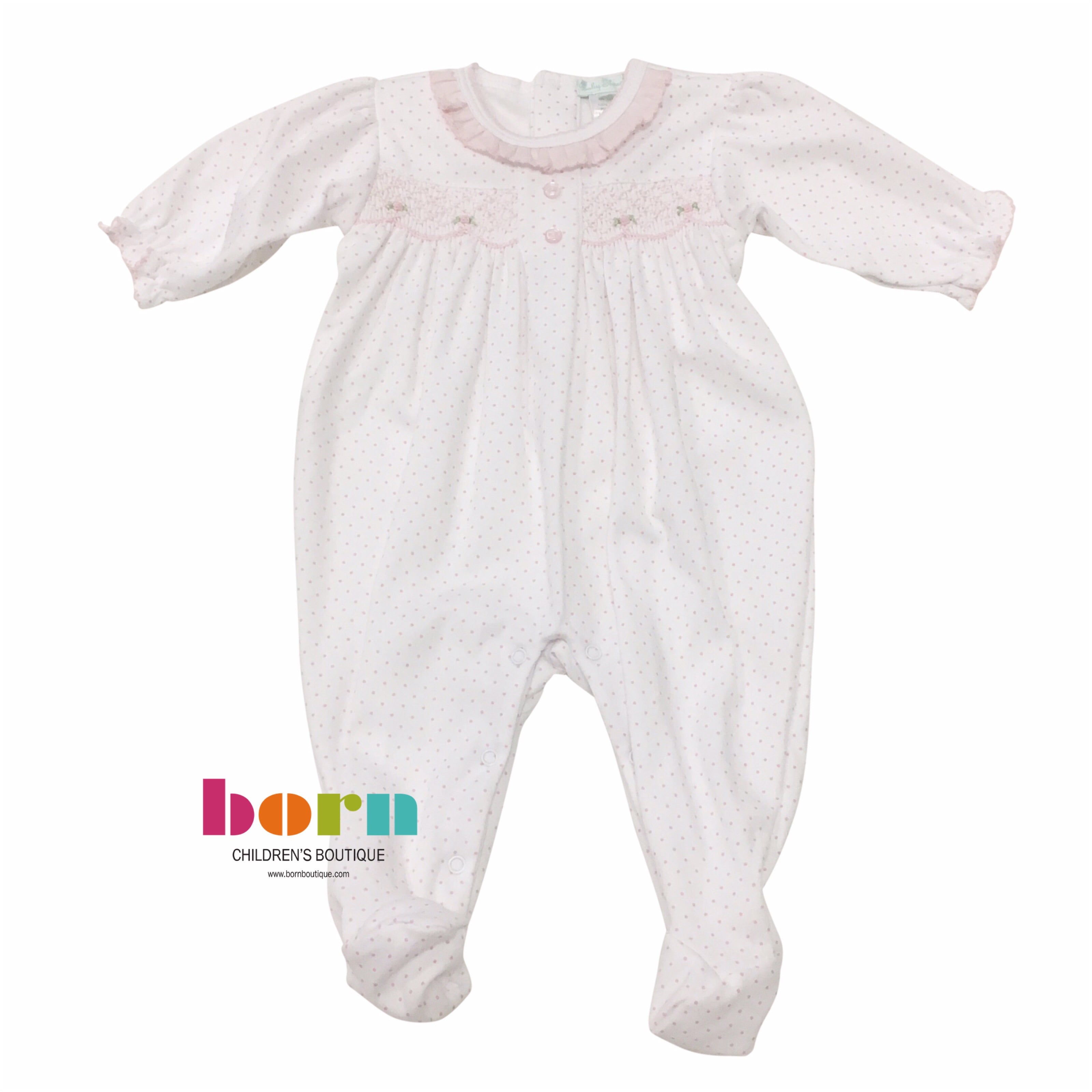 Pink Dot w/ Pink Roses Smocked Footie - Born Childrens Boutique