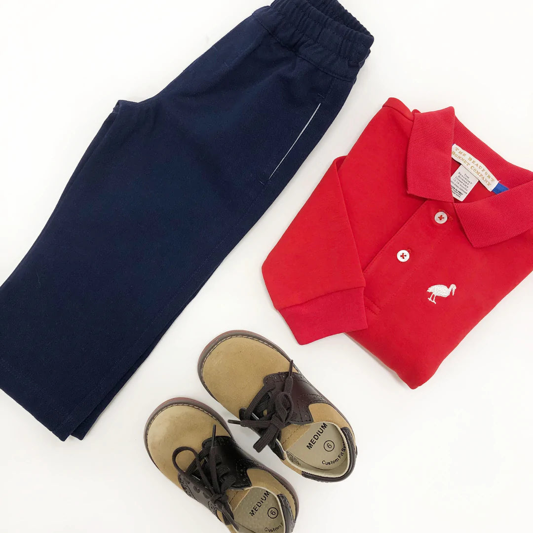 Long Sleeve Prim & Proper Polo Richmond Red With Worth Avenue White Stork - Born Childrens Boutique