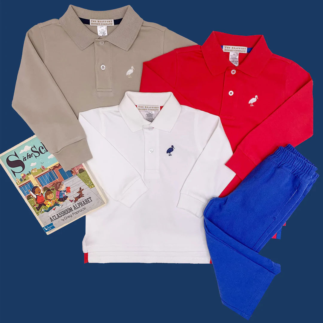 Long Sleeve Prim & Proper Polo Richmond Red With Worth Avenue White Stork - Born Childrens Boutique