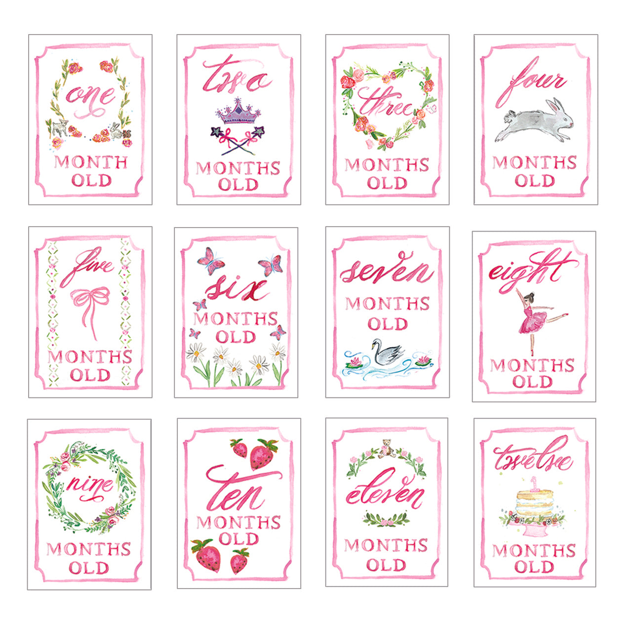 Pink Month by Month Baby Cards | Born Childrens Boutique