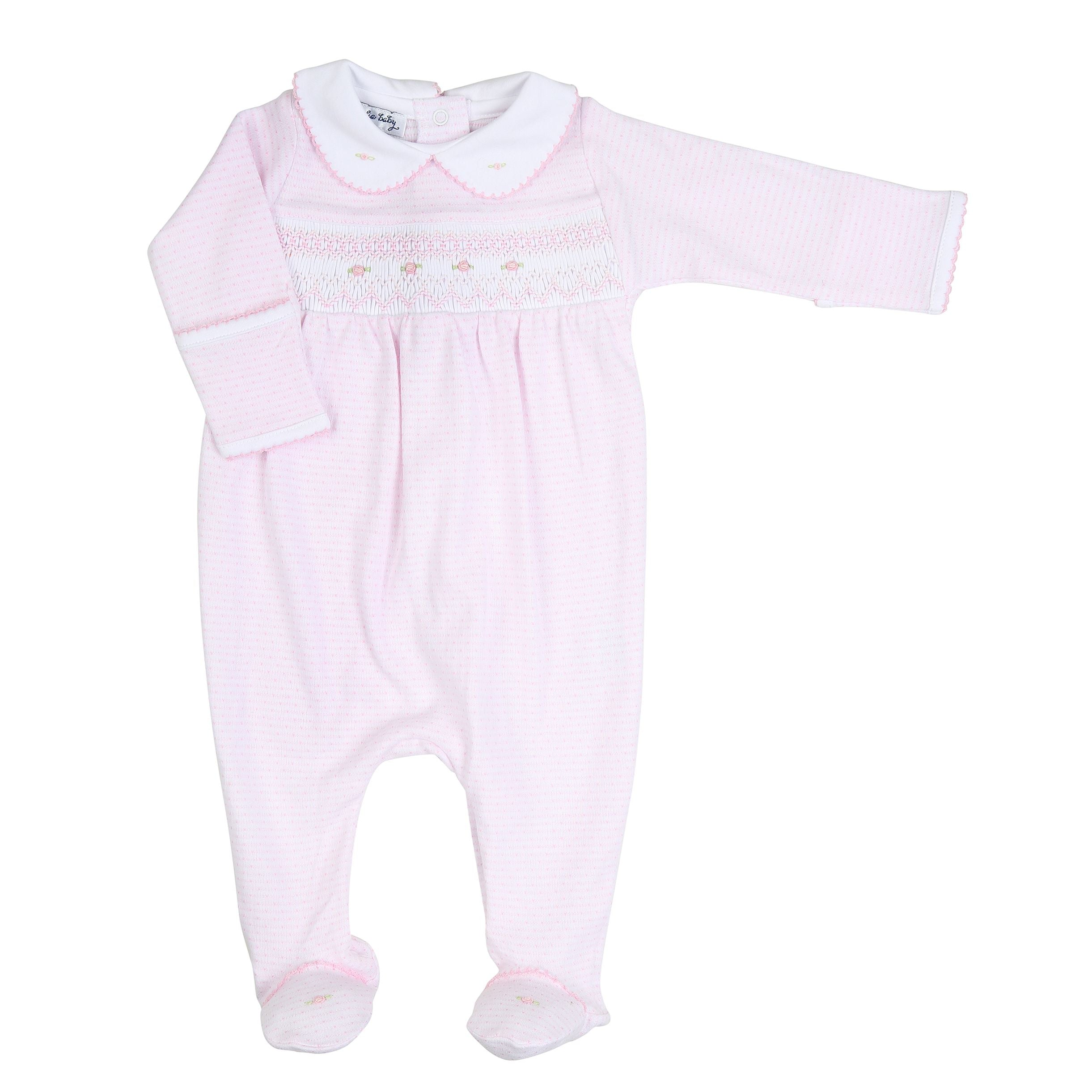 Delaney and Dillon Smocked Collared Girl Footie Pink - Born Childrens Boutique