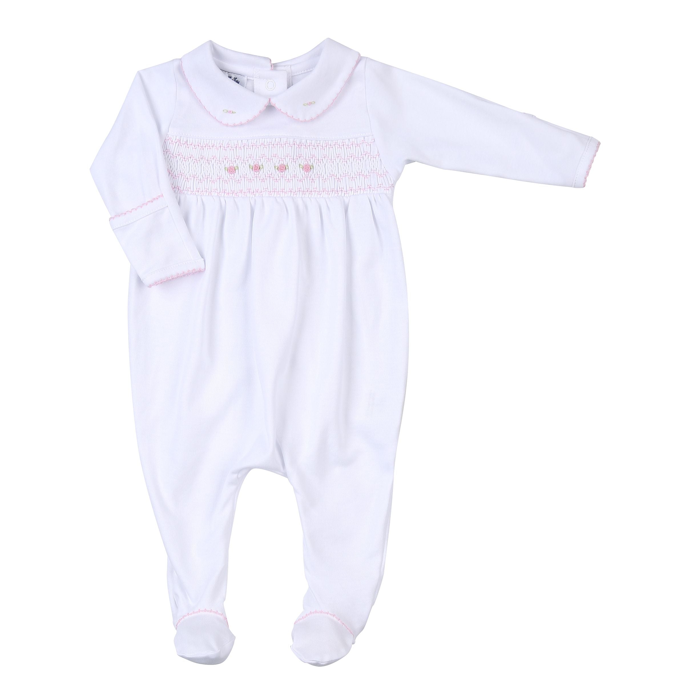 Magnolia Baby Taylor and Tyler Smocked Collared Girl Footie Pink - Born Childrens Boutique